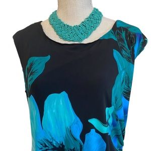 Cold water Creek floral black and turquoise sheath dress sz XL